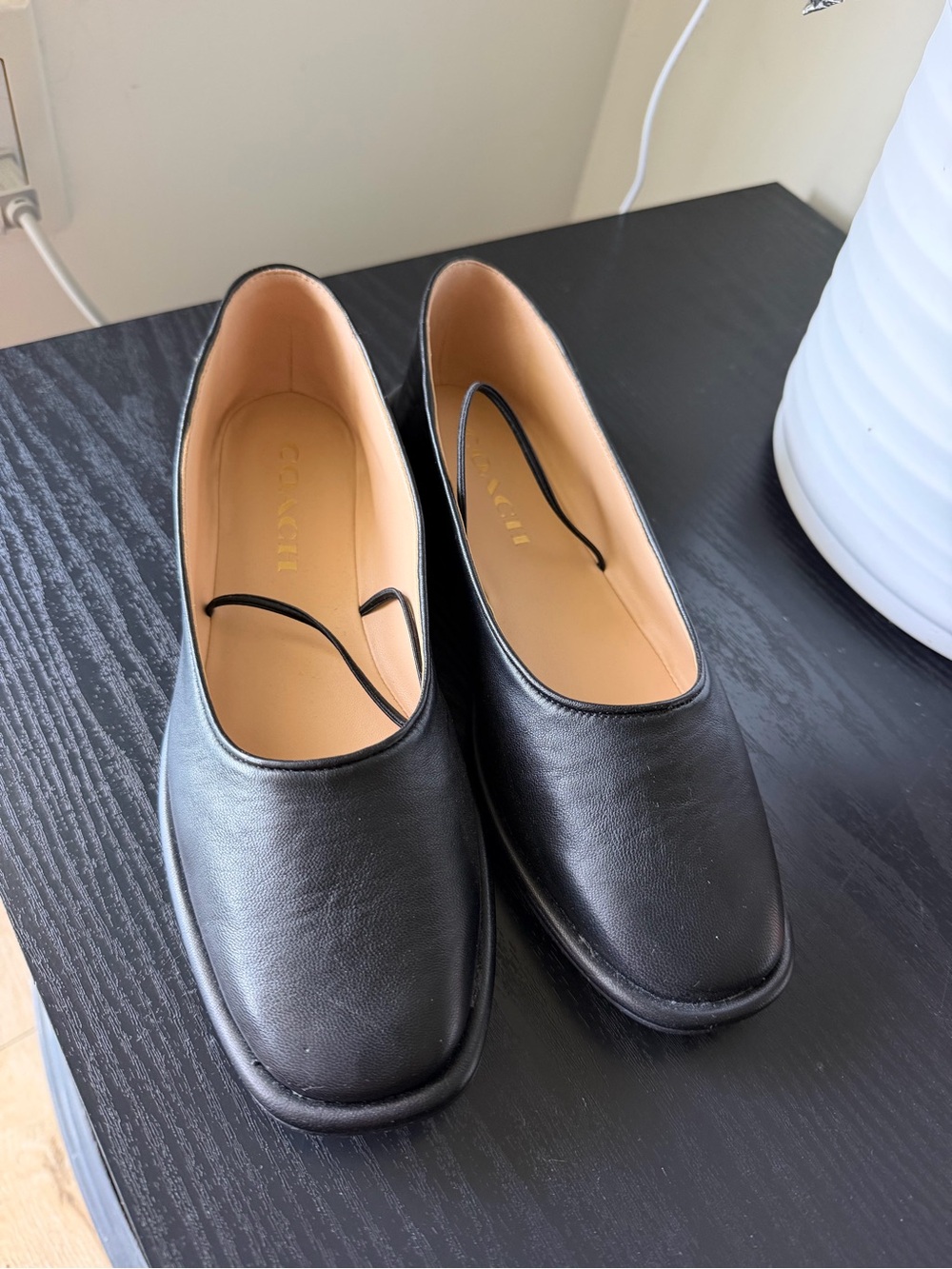 Coach Black Leather Slip-On Flats with Tan Insole